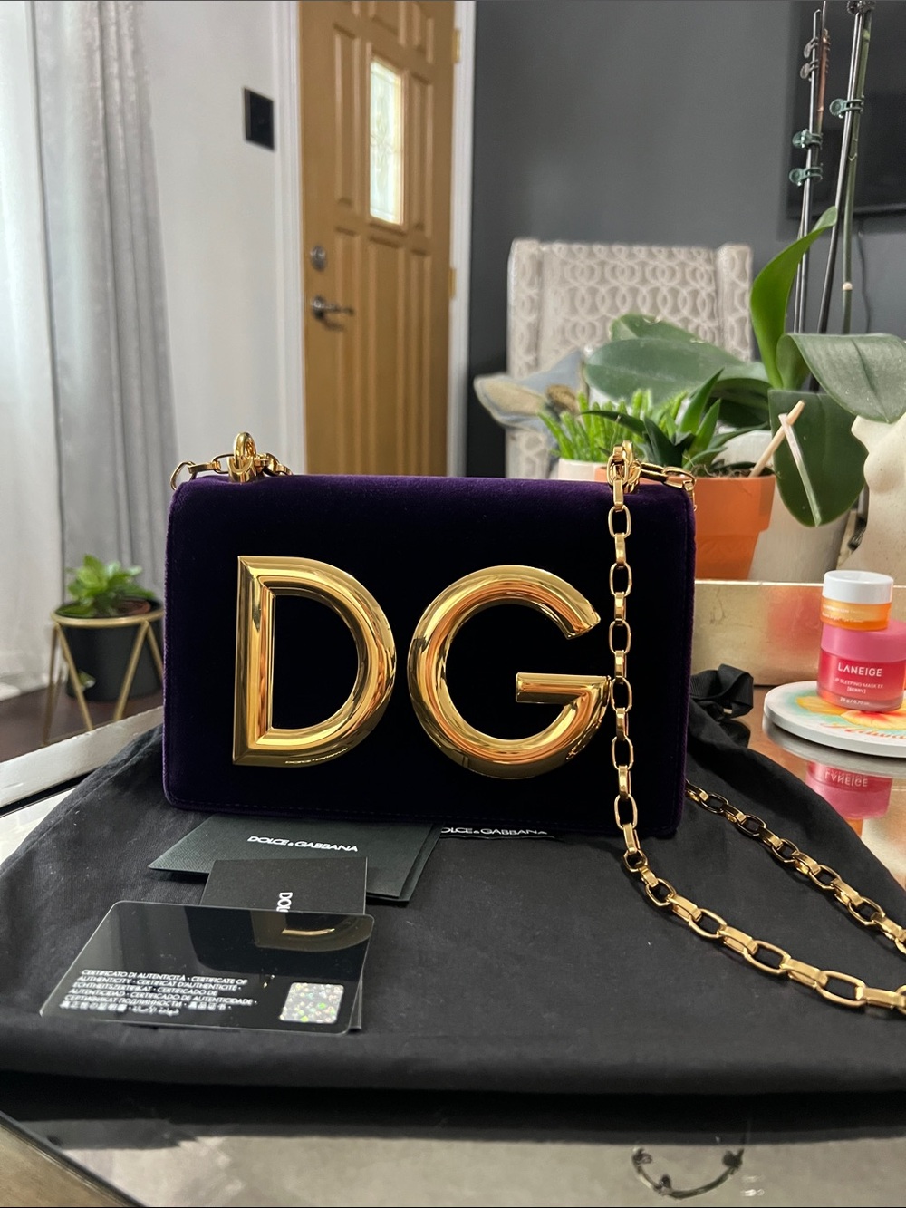 Dolce & Gabbana Purple Velvet DG Logo Chain Shoulder DG Girl bag